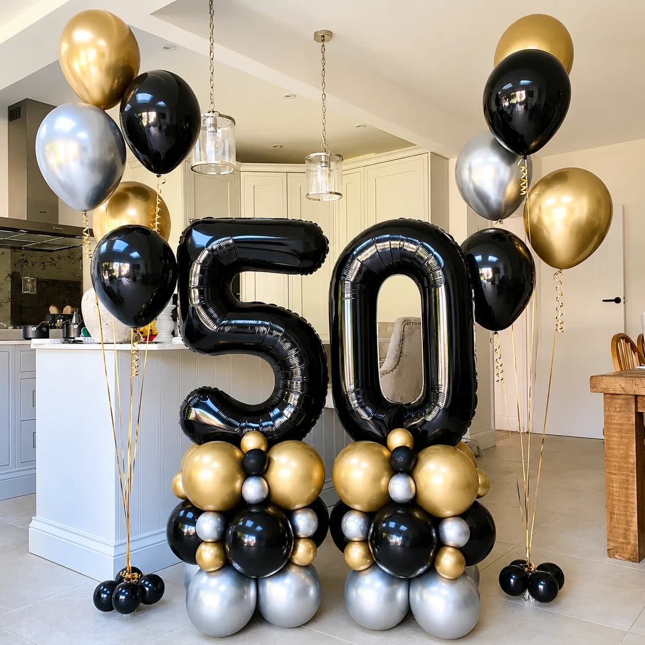 Chiffres 50 noirs et bouquets de ballons or, argent et noir